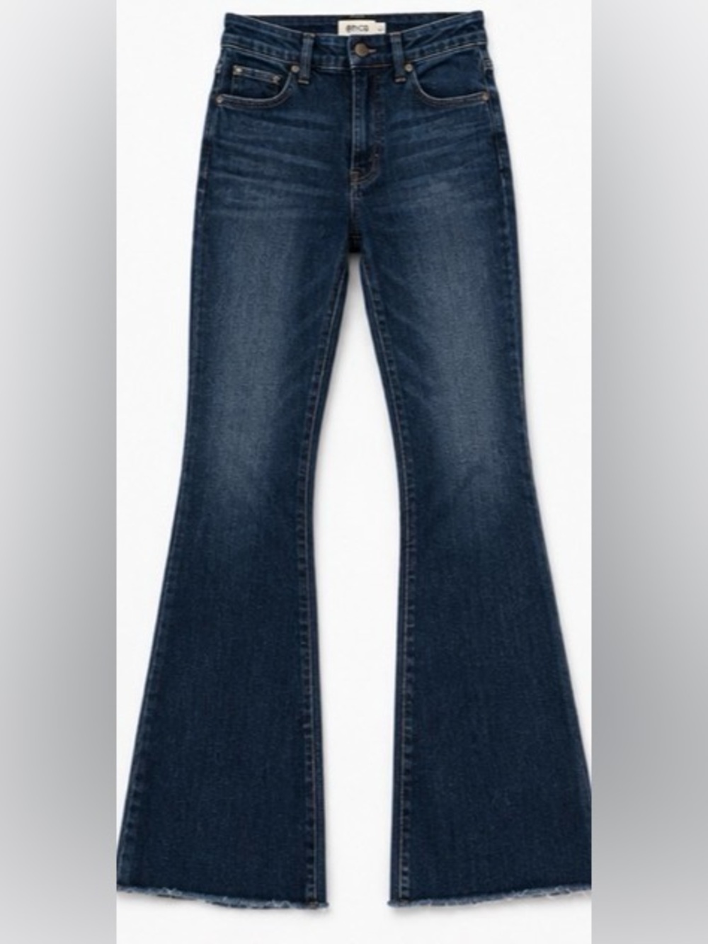ÉTICA Blue Marbled Wash Flare Jeans Raw Hem Stretch Denim Tall